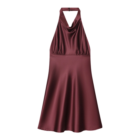 Abito Mini Halter Satin Acetato Schiena Scoperta Pieghe Elegante Festa Sera Colore Solido Per Donne