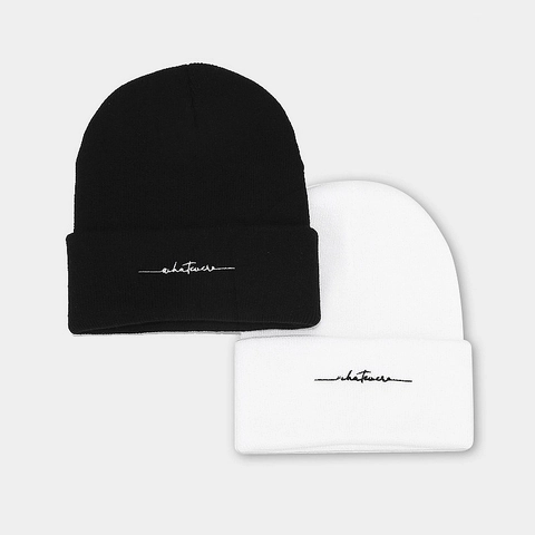Whatever Letter Embroidery Beanie Hat Acrylic Cuffed Knit Cap Winter Warm Outdoor Streetwear For Men Women