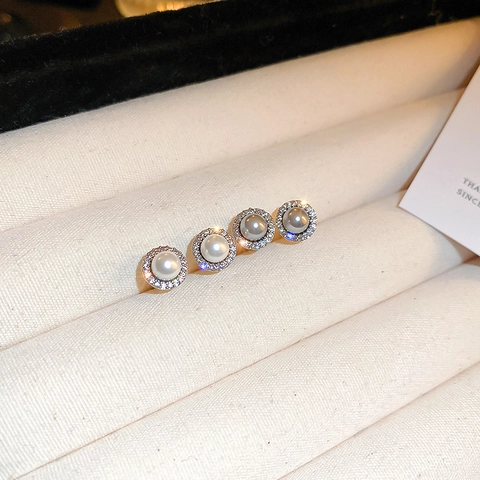 Round Imitation Artificial Pearl Stud Earrings With Cubic Zirconia Halo And 925 Sterling Silver Earring Post Elegant Jewelry For Women