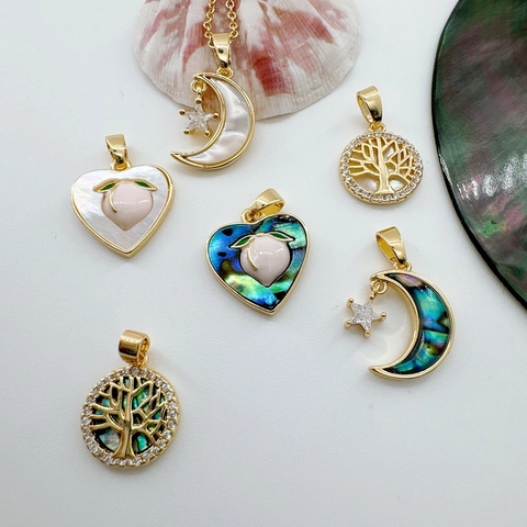 Natural Shell Abalone Star Moon Heart Peach Tree Of Life Charms 18K Gold Plated Copper Zircon For Jewelry DIY