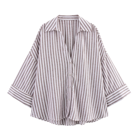 Women Casual Lapel Wide Cuff Shirt Loose Linen Blend Long Sleeve Button Down Blouse Top Stripe Pattern Solid Office Top