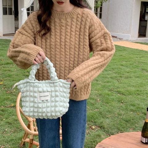 Borsa A Mano Da Donna Con Texture A Bolle Tessuto Popcorn Cerniera Shopping Bag Portatile Casual Leggera Chic