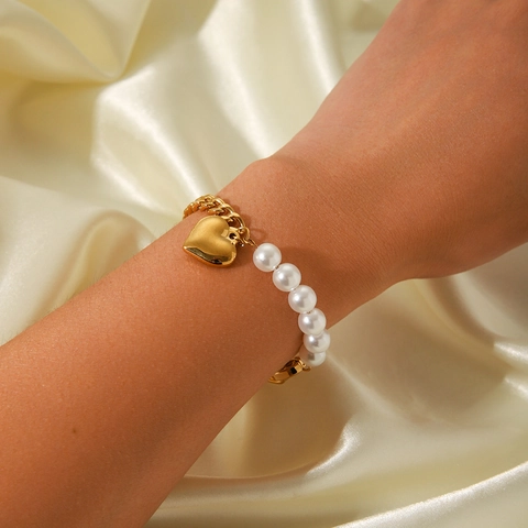 Bracelet En Acier Inoxydable Pendentif Coeur Avec Chaîne Künstliche Perles Fermoir Cabillat Femmes Plaqué Or