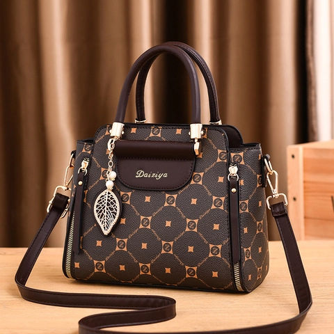 Women Monogram Handbag PU Leather Vintage Shoulder Crossbody Bag With Leaf Pendant Elegant Daily Satchel