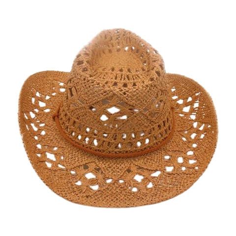 Western Style Hollow Out Straw Cowboy Hat Wide Brim Breathable Sun Protection Beach Hat With Adjustable Chin Strap