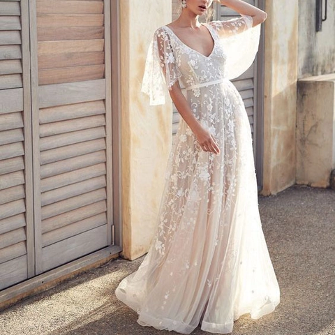 Vestito Lungo In Pizzo Bianco Scollo A V Schiena Scoperta Maniche A Campana Ricamo Floreale Boho Matrimonio Donna