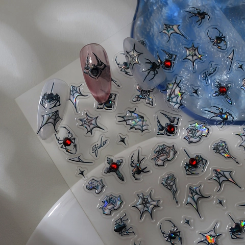5D Reliëf Nagelstickers Halloween Gothische Spinnenweb Kruis Roos Schelpglans Laser Zilver Kristal DIY Kunst Stickers