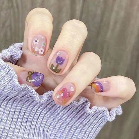 Glossy Press On Nails Short Round Full Cover Cartoon Tulip Rainbow Heart Pattern Matcha Green Fake Nails With Glue