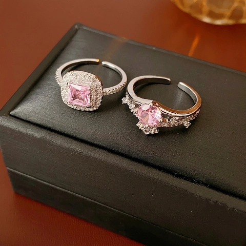 Square Crown Pink Zircon Open Ring Adjustable Copper Jewelry For Women Luxury Fashion Elegant Finger Accessories