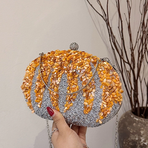 Luxury Shell Rhinestone Evening Clutch Bag For Women Handmade Pumpkin Box Shoulder Bag With Metal Handle Chain Strap Party Handbag