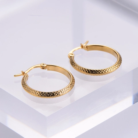 Ronde Hoop Oorbellen 316L Roestvrij Staal 18K Verguld Diamantpatroon Textuur Retro Mode Sieraden Voor Dames