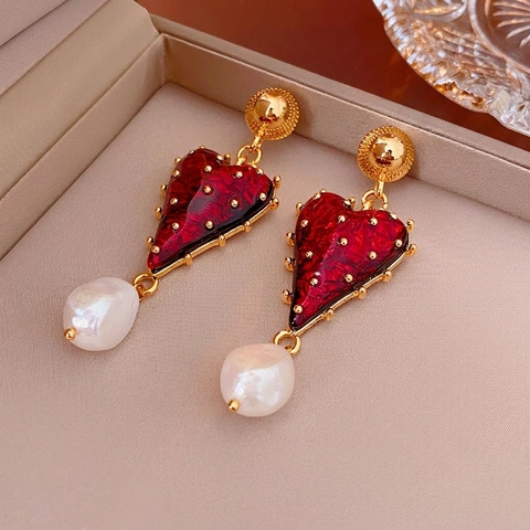Pendientes Colgantes De Corazón De Esmalte Rojo Vintage Con Poste De Plata De Ley 925 Y Perla Barroca Artificial Joyas De Lujo