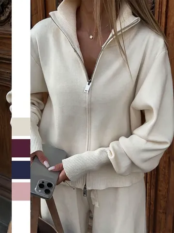 Women Knitted Jacket And Wide Leg Pants Elegant Solid Color Stand Collar Zip Up Loungewear Casual Winter Outfits