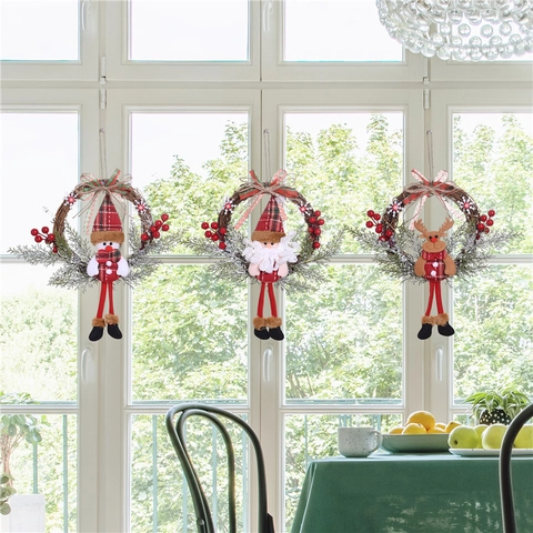 Christmas Wreath Door Decor Santa Snowman Reindeer Natural Rattan Plaid Fabric Doll Holiday Wall Hanging Merry Christmas