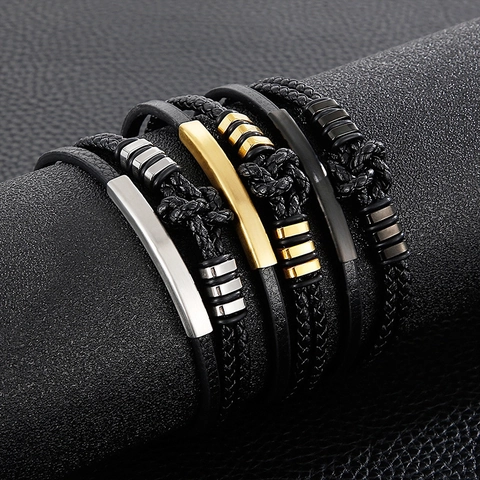 Bracciale In Pelle Intrecciata Multistrato Da Uomo Acciaio Inossidabile Piastra Curva Nodo Punk Gioielli