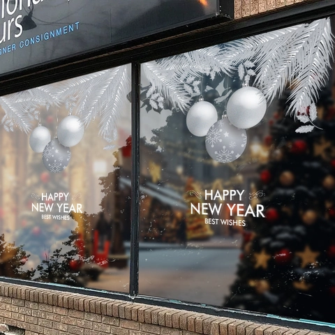 Christmas Window Clings Static Cling Stickers Happy New Year Snowflakes Pine Branch White Decorative For Glass Shop Double Sided