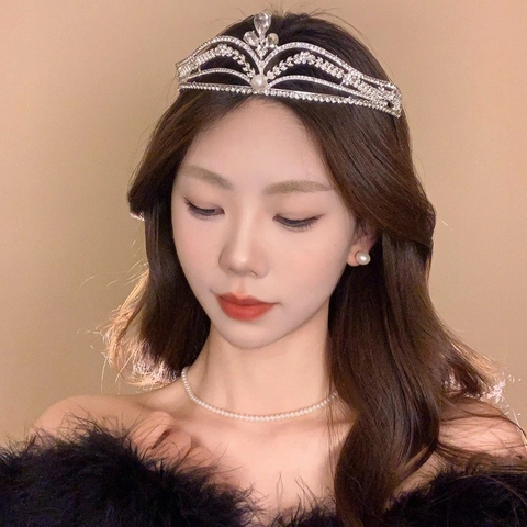 Luxury Rhinestone Tiara Crown Headband Alloy Faux Artificial Pearl Hair Accessories For Women Birthday Party Wedding Bridal Princess