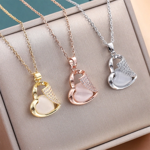 Titanstahl Herz Anhänger Halskette Mit Katzenaugenstein Und Strasssteinen Elegante Minimalistische Schlüsselbeinkette Damen Schmuck Geschenk