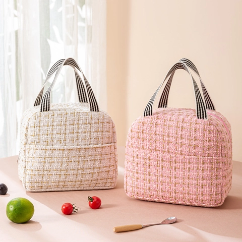 Isolierte Lunchtasche Tweed Stoff Thermotasche Tragbare Handtasche Für Büro Schule Picknick Wasserdicht Kältespeicher