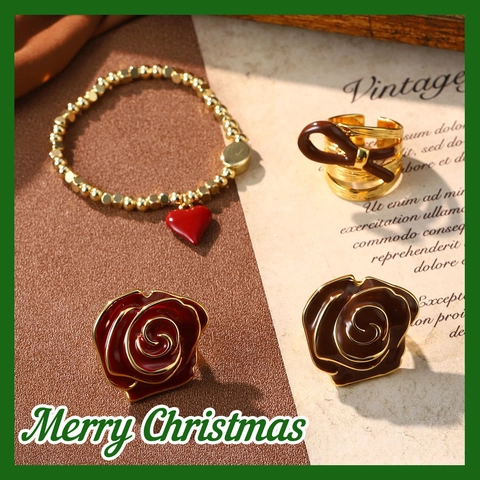 Vintage Rosenblüte Und Schleife Offener Ring Damen Legierung Emaille Verstellbar Schmuck Weihnachtsgeschenk