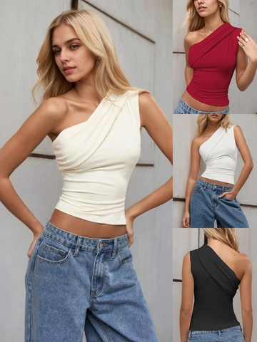 Women One Shoulder Tank Top Ruched Sleeveless Slim Fit Polyester Slant Neck Solid Color Sexy Summer Crop Top Vest