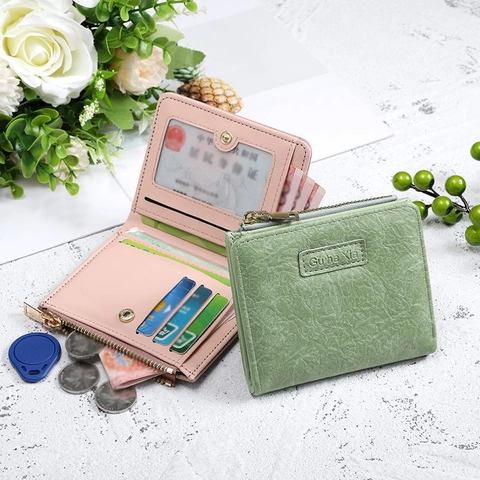 Women Short Bifold Wallet PU Leather Wrinkled Texture Snap Closure Zipper Coin Pocket Multi-Card Slots Retro Simple Style