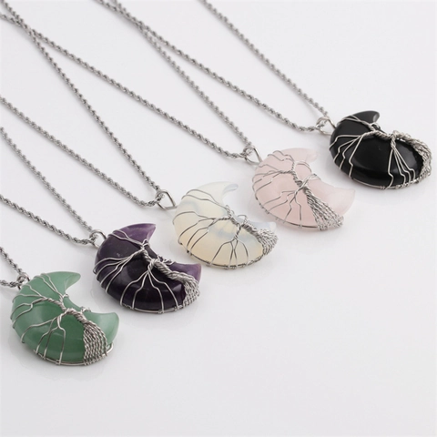 Collana Pendente Luna Crescente Albero Della Vita Cristallo Naturale Pietra Curativa Gioielli Avvolti Per Donne Uomini