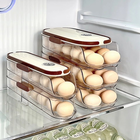 Automatic Rolling Egg Holder Refrigerator PET Plastic Multi-Layer Stackable Storage Box With Date Record Dial Handle