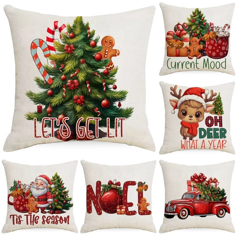 Weihnachts Kissenbezug Leinen Quadratisch Dekore Kissenhülle Für Sofa Weihnachtsmann Rentier Baum Gedruckt Feiertag Heimdeko