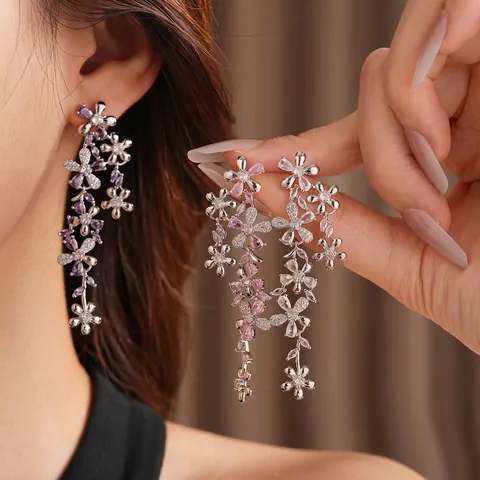 Flower Tassel Dangle Earrings With 925 Sterling Silver Earring Post Shiny Zircon Luxury Exquisite Long Drop Women Jewelry