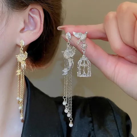 Pendientes Asimétricos De Pájaro Y Jaula Con Borla Perla Artificial De Imitación Y Poste De Plata De Ley 925 Vintage Para Mujer