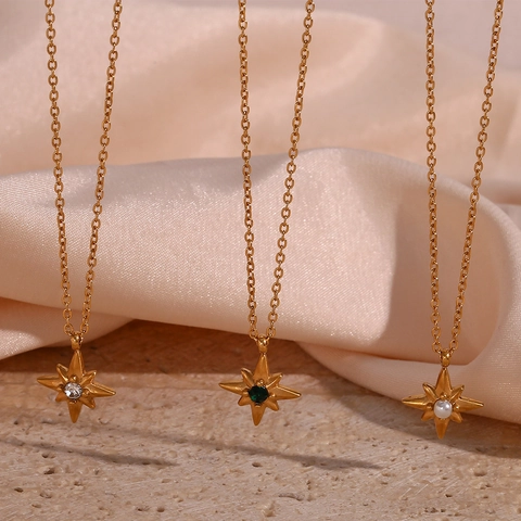 Collana Con Pendente a Stella a Otto Punte in Acciaio Inossidabile Per Donna Placcato Oro Strass Perla Artificiale Gioielli