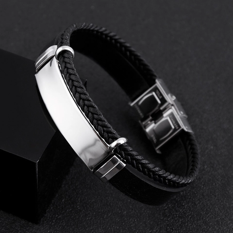 Men Bracelet Stainless Steel Braided Leather Silicone Strap Punk Rock Vintage Style Casual Wristband Fashion Jewelry