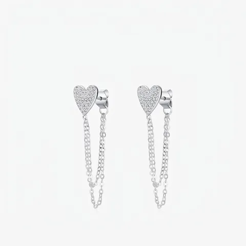 Orecchini A Cuore In Argento Sterling 925 Con Zirconi Cubici Scintillanti E Nappa A Catena Lunga Per Donna