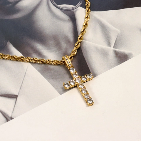 Kruis Hanger Ketting Roestvrij Staal Micro Pave Cubic Zirconia Hip Hop Touw Ketting Religieuze Sieraden Voor Dames Heren