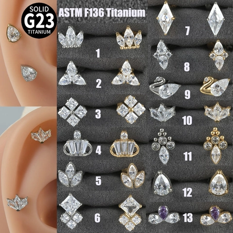 G23 Titanium Lip Rings Studs Internally Threaded Labret Piercing Jewelry Cubic Zirconia Heart Crown Swan Body Jewelry