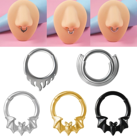 Stainless Steel Bat Flame Septum Piercing Ring Hinged Hoop Clicker Nose Jewelry For Women Fashion Punk Body Accessory