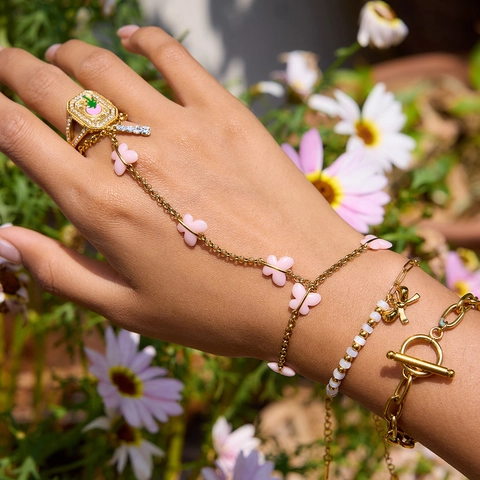 Joyas De Moda De Acero Inoxidable Con Pulsera De Mariposa Rosa Chapada En Oro Y Anillo De Palmera Para Mujer Impermeable