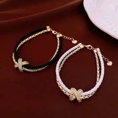 Pulsera De Doble Capa De Cuero Trenzado Y Cadena De Metal Con Dije En X De Circonita Y Colgante De Corazón Ajustable