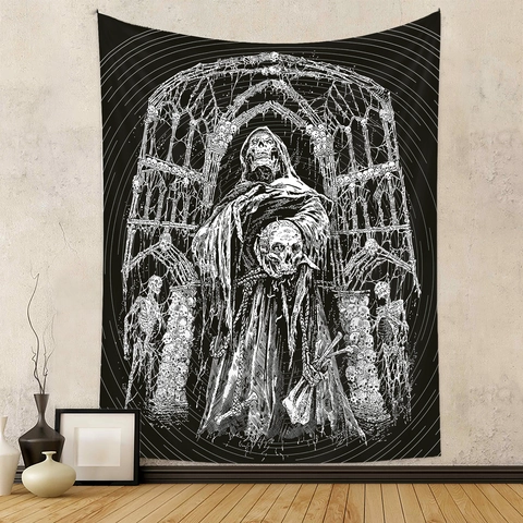 Arazzo Gotico Tristo Mietitore Da Parete Poliestere Nero Bianco Teschio Arte Oscura Decorazione Per Camera Da Letto Soggiorno
