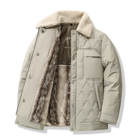 Men Winter Thickened Cotton Jacket With Faux Fur Collar Detachable Hood Geometric Quilted Coat Casual Warm Outwear For Men