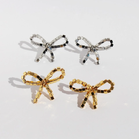 Boucles d'Oreilles Clous Cube Nœud Papillon Tissées Main Style Coréen pour Femmes Laiton Plaque Or Argent Tige Argent 925