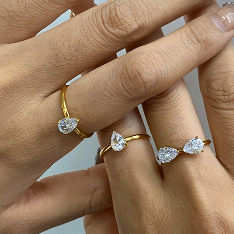 Stainless Steel Ring Gold Plated Pear Cut Zircon Flower Shape Three Layer Stackable Light Luxury Jewelry For Women