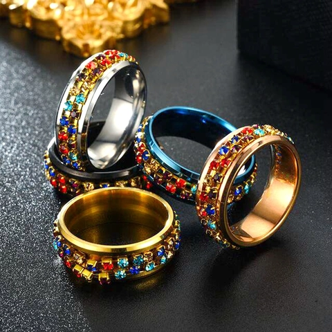 Stainless Steel Rotatable Spinner Ring With Colorful Rhinestone Inlay For Men Women Anxiety Stress Relief Fashion Finger Jewelry