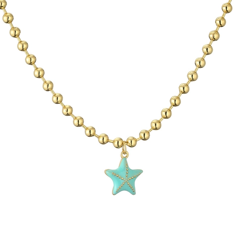 Collier Pendentif en Cuivre Bohème Style Marin pour Femmes Été Plage Vie Marine Coquille Étoile de Mer Hippocampe Strass Émail Bijoux