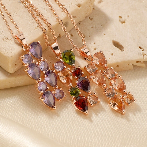 Fashion Stainless Steel Copper Pendant Necklace Multi Color Rhinestone Teardrop Geometric Linear Jewelry For Women Gift