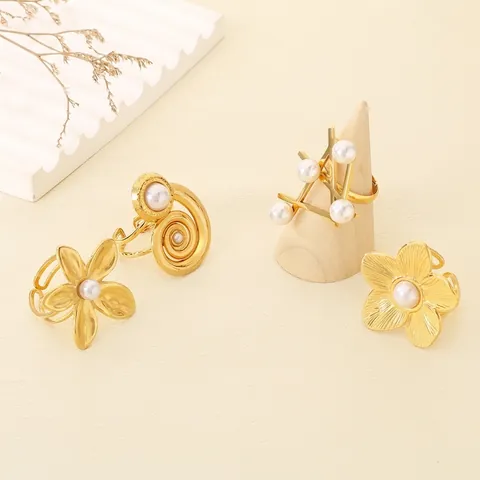 Anello Regolabile In Acciaio Inossidabile Con Perla Artificial Sintetica Fiore Design Geometrico Spirale Dorato Gioielli Da Donna
