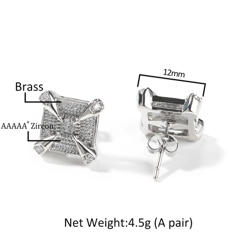 Square Stud Earrings Micro Pave Zircon Brass Dragon Claw Hip Hop Jewelry With Steel Earring Post