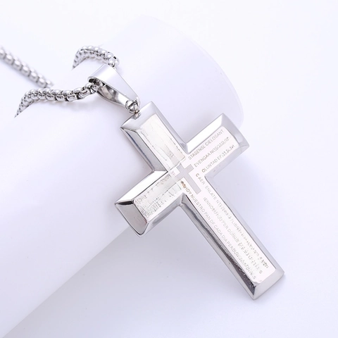 Kruis Hanger Ketting Roestvrij Staal Spaans Onze Vader Laser Gegraveerd Religieuze Retro Sieraden Voor Dames Heren