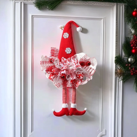 Weihnachts Elf Türkranz Dekoration Lange Beine Rot Weiß Schneeflocke Netzband Xmas Baum Hängendes Ornament Festliche Hausdeko